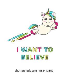 Flying unicorn with a rainbow and title on a white background. Vector flat design for children. Poster print