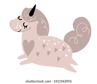 Flying unicorn in vintage pink color, magic pony from fantasy, animal for kids party design, nursery, poster. Vector illustration isolated on white background.