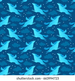 Flying unicorns blue seamless pattern with sky and stars flat vector illustration