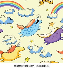 Flying unicorns and rainbow in the sky near the rainbow