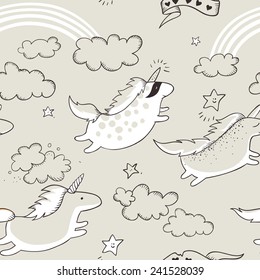 Flying unicorns and rainbows. The sky pattern