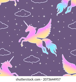 Flying unicorns silhouettes seamless pattern. Pink and blue silhouettes of pegasus. Vector illustration.