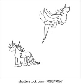 Flying unicorns in white and black lines. Vector illustration of magical creatures. 