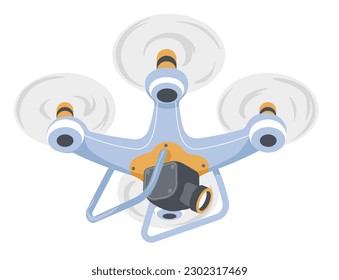 Flying unmanned aerial vehicles for video filming or surveillance, isolated drones with cameras. Modern appliances and gadgets for military or civil purposes. Vector in flat style illustration