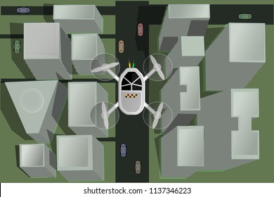 Flying unmanned taxi. Futuristic concept. Taxi drone. Destination. Part of town. Realistic city. Roads with cars. Isometric buildings. Shiny streets. Isometric style. Taxi flies high above the city.