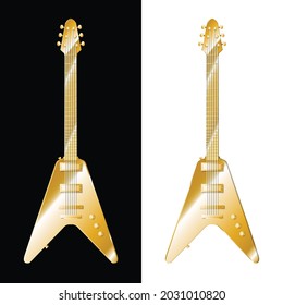 Flying V guitar golden color isolated on white and black background design asset vector file, can use for icon, logo or any design project