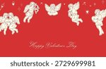 Flying Valentines day cupids angels. Valentines Cherubs with copyspace on red backgeound.