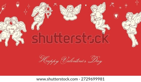 Flying Valentines day cupids angels. Valentines Cherubs with copyspace on red backgeound.