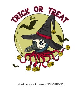 Flying Vampire Bat, Full Moon & Witch Freak isolated on white background. Black magic, witchcraft & darkness symbol. Halloween vector typography poster. Vintage Element. T-shirt & textile design.