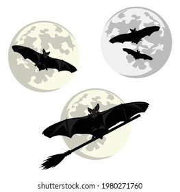 flying vampire bat with spread wings and witch broom against full moon - halloween theme vector sticker design set