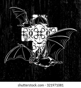Flying Vampire Bats & Ornate Cross, isolated on black grunge background. Black magic, witchcraft & darkness symbol. Vintage Vector Element. Tattoo & T-shirt design. Vector line art.