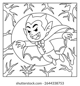 flying vampire coloring page with full moon and tree branches.hallowen concept coloring book