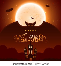 Flying vampire illustration with haunted castle on full moon night background with creative lettering of Happy Halloween.