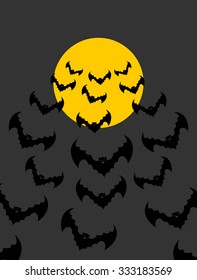 Flying vampires against background of moon. Bunch of scary bats. Halloween night