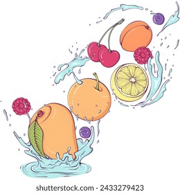Flying various whole fruit with juice or water splash. Liquid drops. Vector illustration in hand drawn cartoon style. Still life eco fruits isolated on white