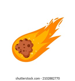 Flying vector cartoon doodle sketch flame hot asteroid stone with a tail, dust in space isolated on white background