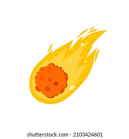Flying vector cartoon doodle sketch flame hot asteroid stone with a tail, dust in space isolated on white background