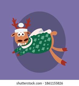 flying vector Christmas deer with big teeth, character, funny deer, New Year's Eve, magic deer, New Year's Eve, happy Christmas, New Year's mood.