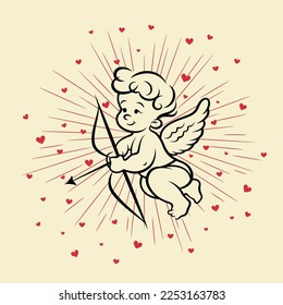 Flying Vector Cupid Boy Holding Bow, Aiming, Shooting Arrow, Hand Drawn with Outline in Retro, Vintage Comic Style. God of Love, Amor, Eros or Mythological Character with Wings