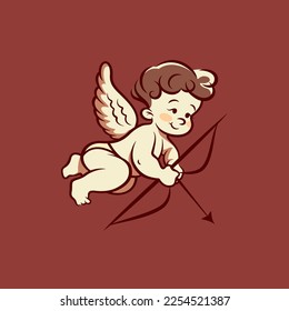 Flying Vector Cupid Boy Holding Bow, Aiming, Shooting Arrow, Hand Drawn with Outline in Retro, Vintage Comic Style. God of Love, Amor, Eros or Mythological Character with Wings