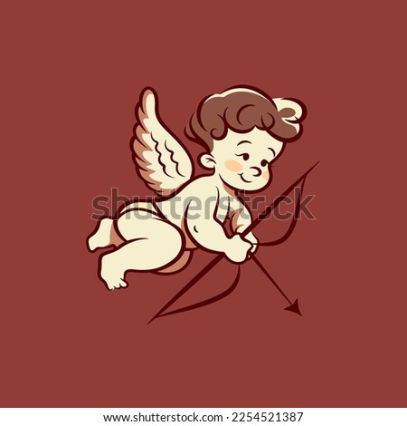 Flying Vector Cupid Boy Holding Bow, Aiming, Shooting Arrow, Hand Drawn with Outline in Retro, Vintage Comic Style. God of Love, Amor, Eros or Mythological Character with Wings