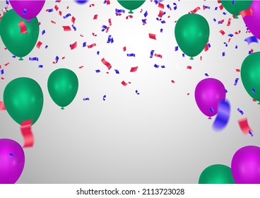 Flying vector festive balloons green and purple shiny with glossy balloons for holiday. celebration background with confetti. 