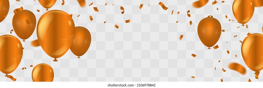 Flying vector festive balloons orange gold  shiny with glossy balloons for holiday. celebration background with confetti. 