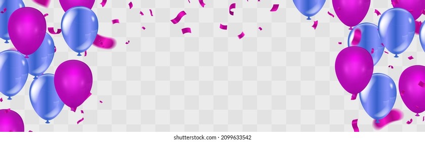 Flying vector festive balloons purple and dark blue
 shiny with glossy balloons for holiday. celebration background with confetti. 