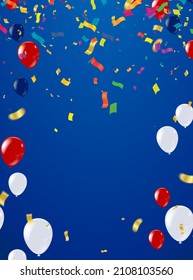 Flying vector festive balloons red and white shiny with glossy balloons for holiday. celebration background with confetti. 