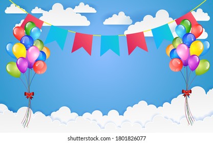 Flying vector festive balloons shiny with glossy balloons for holiday countryside on sky