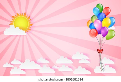 Flying vector festive balloons shiny with glossy balloons for holiday countryside on sky