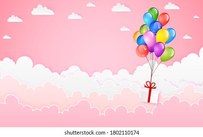 Fliegende, festliche Vektorballons glänzend mit glänzenden Ballons für Urlaubslandschaften am Himmel