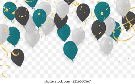Flying vector festive balloons shiny with glossy balloons for holiday with confetti helium 