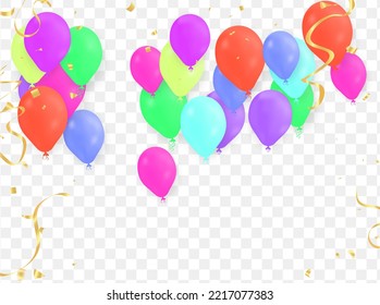 Flying vector festive balloons shiny with glossy balloons for holiday with confetti helium 
