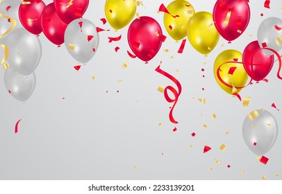 Fliegende, festliche Vektorballons glänzend mit glänzenden Ballons für Ferien mit Konfetti-Helium 