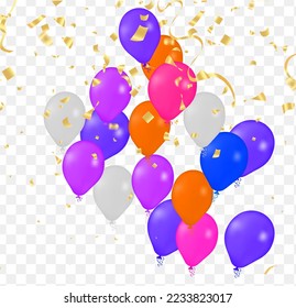 Flying vector festive balloons shiny with glossy balloons for holiday with confetti helium 