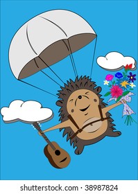Flying vector hedgehog with flowers and guitar