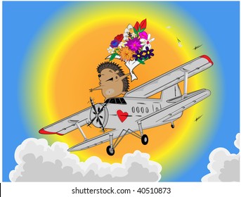 Flying vector hedgehog with flowers on an aircraft