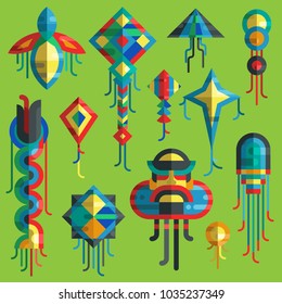 Flying vector kite toy sky snake serpent dragon kids toy colorful silhouette collection isolated outdoor summer activity illustration. Holiday childhood entertainment fly game kid snake design
