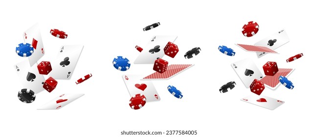 Flying vegas casino blue and red poker chips, dice, cards. Gambling addiction, risky money, huge jackpot, lucky game. Concept of playing game via real cash. White background. Vector illustration