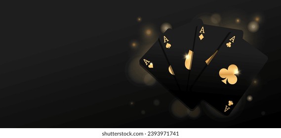 Flying vegas casino golden black poker cards. Clubs, diamonds, hearts, spades. Gambling addiction, risky money, huge jackpot, lucky game. Playing blackjack. Dark background. Vector illustration