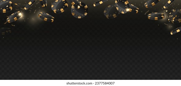 Flying vegas casino golden poker chips, gambling addiction, risky money, huge jackpot, successful bet, lucky game. Concept of playing game via real cash. Black background. Vector illustration