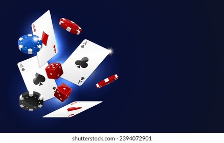 Flying vegas casino poker chips, dice, cards. Gambling addiction, risky money, huge jackpot, lucky game. Concept of playing game via real cash. Dark blue background. Vector illustration