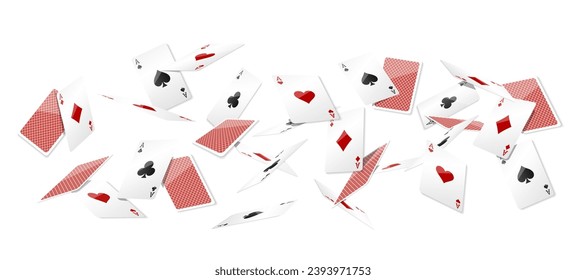 Flying vegas casino red and white poker cards. Diamonds, clubs, hearts, spades ace. Gambling addiction, risky money, lucky game. Concept of playing via real cash. White background. Vector illustration