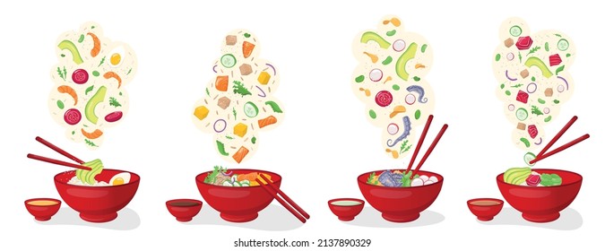 Flying vegetable and seafood poke bowls set with chopsticks . Vector stock illustration isolated on white background for salad bar menu fast food restaurant with healthy, bio, organic meals. EPS10