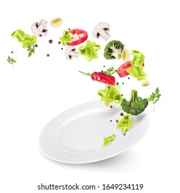 Flying vegetables and lettuce on a flat white plate. Presentation of the dish, recipe, healthy nutrition, vegetarianism. Vector 3d realistic dynamic composition on white background.