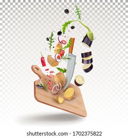 Flying vegetables on a cutting board with a knife. Potatoes, eggplant, red chili peppers, spices, arugula. Vector dynamic illustration isolated on white background.