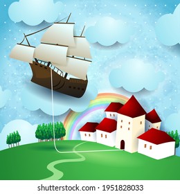 Flying vessel hanging at the home on country landscape, vector illustration eps10