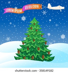 Flying vintage plane with banner and evergreen tree, winter scene. Vector illustration, template for text