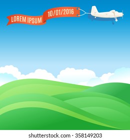 Flying vintage plane with banner and green grassy hills. Vector illustration, template for text or infographics